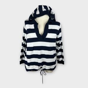 Anne Klein Sport 2X Navy Blue White Stripe Hooded Cotton sweater tie waist
